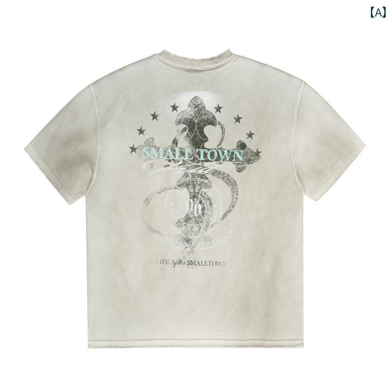 半袖 Tシャツ アメリカン レトロ 男女兼用 カジュアル トップス メンズ 夏 ストリート ファッション トレンド ゆったり ラウンドネック ヴィンテージ デザイン