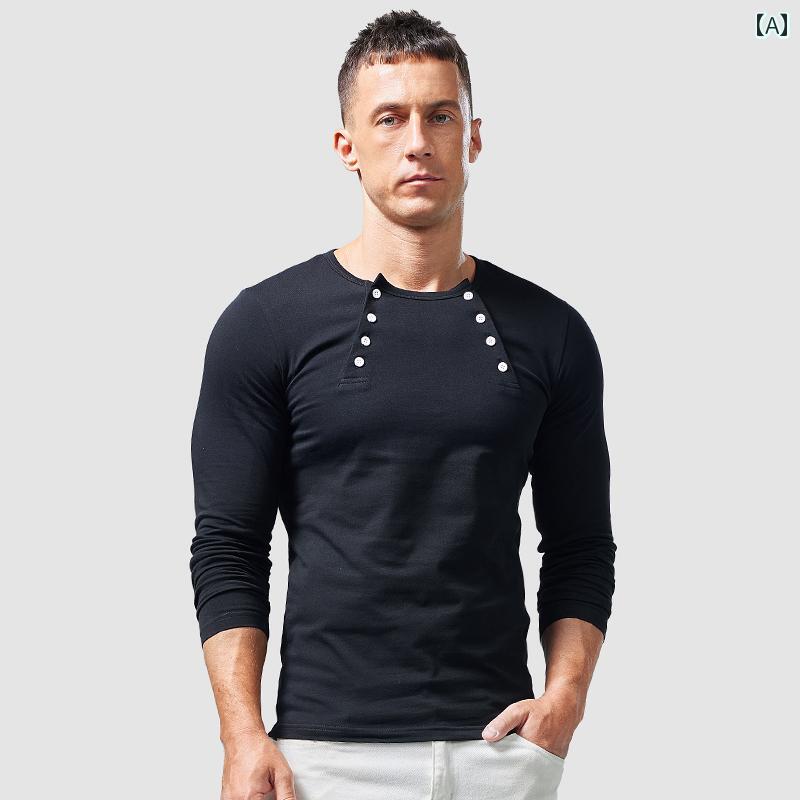 メンズ 半袖 Tシャツ ダブルブレスト スリムフィット タイト ヘンリーカラー レイヤリング 春秋 カジュアル シンプル インナー ベーシック