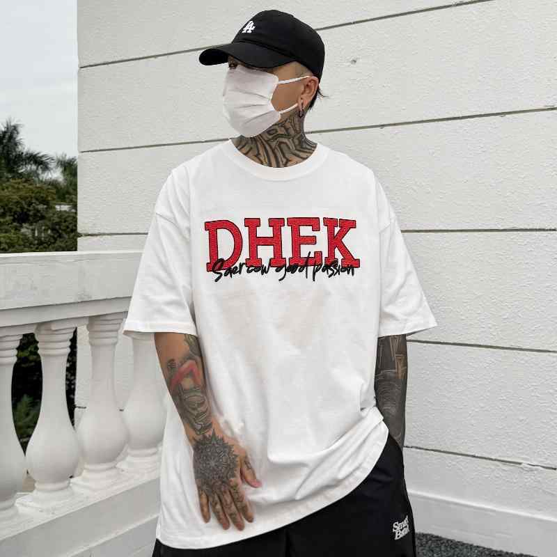 メンズ Tシャツ 半袖 アメリカン ヤンチャ ストリート 刺繍 文字 ラウンドネック トップス オーバーサイズ カジュアル
