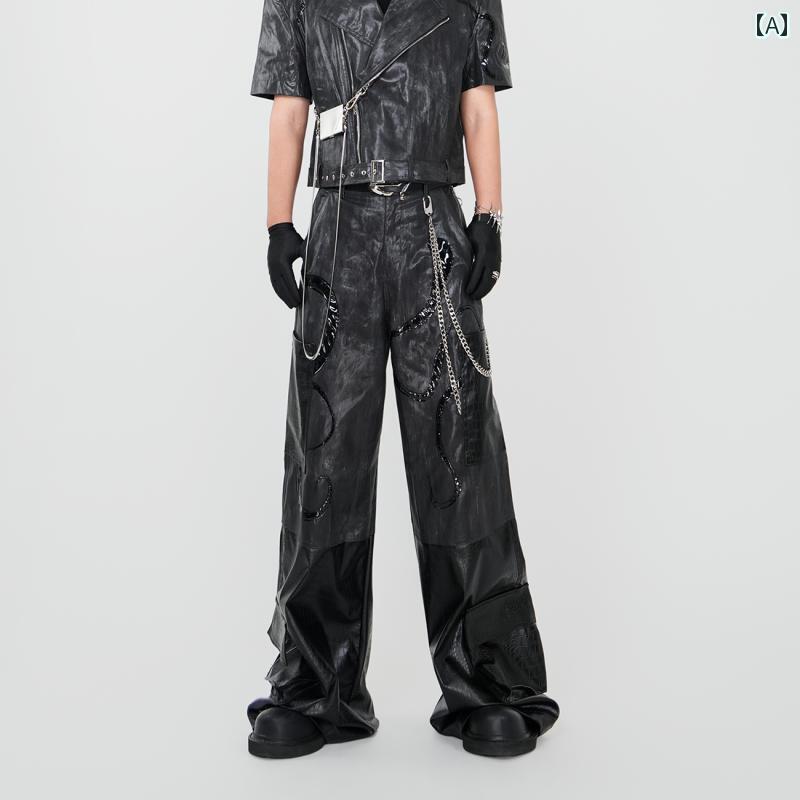 PU レザーステッチ ズボン 個性的 シンプル パンツ メンズ マルチポケット 黒 モード ワイドレッグ カジュアル 通気性 ユニーク ストレートパンツ｜Hanbok Home