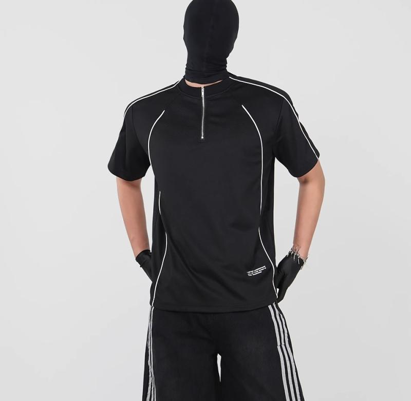Tシャツ ハーフジッパー ラウンドネック 通気性 おしゃれ シンプル サイクリング ジャージ 半袖 男女兼用 ユニセックス 夏 スポーツ クール 黒 かっこいい