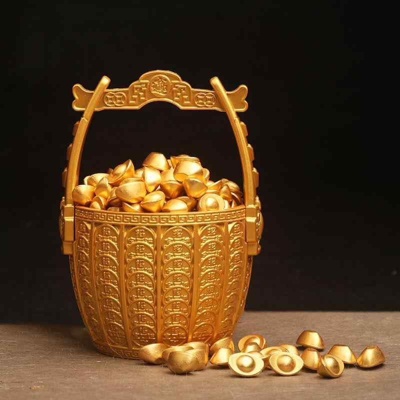 金運上昇 置物 レトロ 中国 吉祥 真鍮製 金塊 バケツ 籠 カゴ ゴールド ゴージャス インゴット 銅貨 チャイナ 装飾品 セット ギフト
