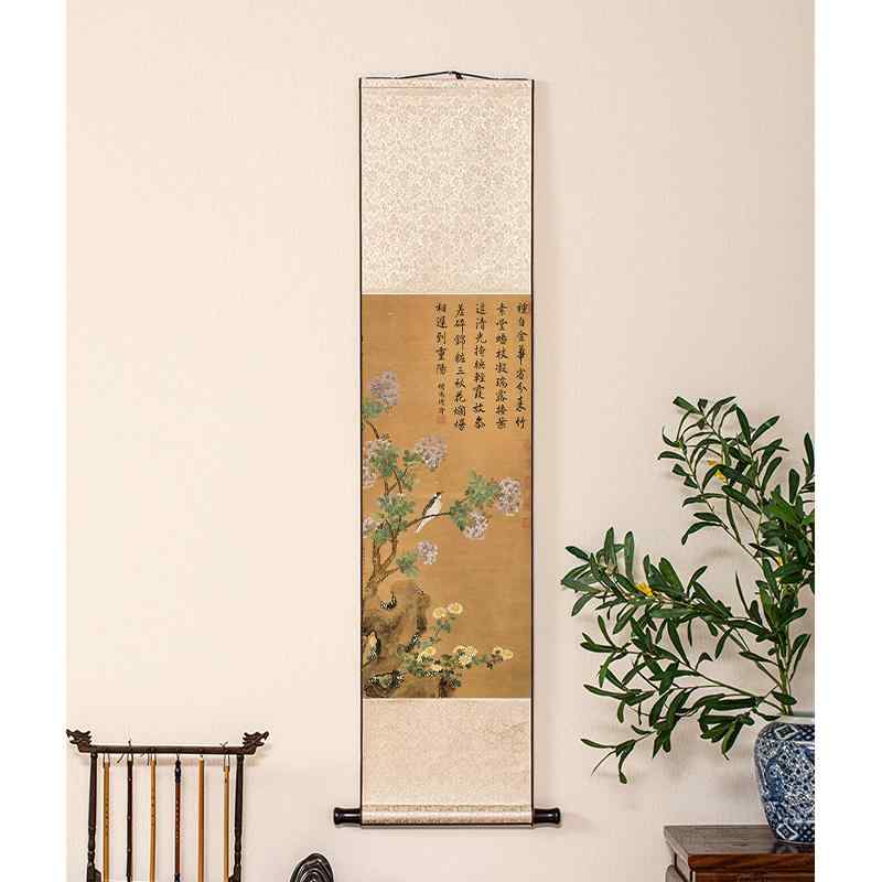 掛け軸 中国 レトロ 古風 茶室 チャイナ 巻物 絵画 風景画 花 鳥 リビング ルーム 廊下 書斎 縦 装飾 インテリア アート 高級感