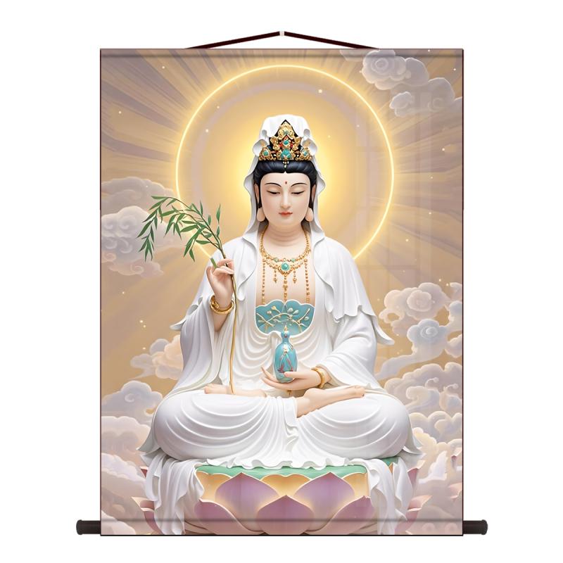 観音菩薩 掛け軸 絵画 レトロ 古風 和風 インド 縁結び 大仏 白衣 観音像 救世 蓮華 肖像画 巻物 礼拝 仏教 禅 壁画 中国 飾り