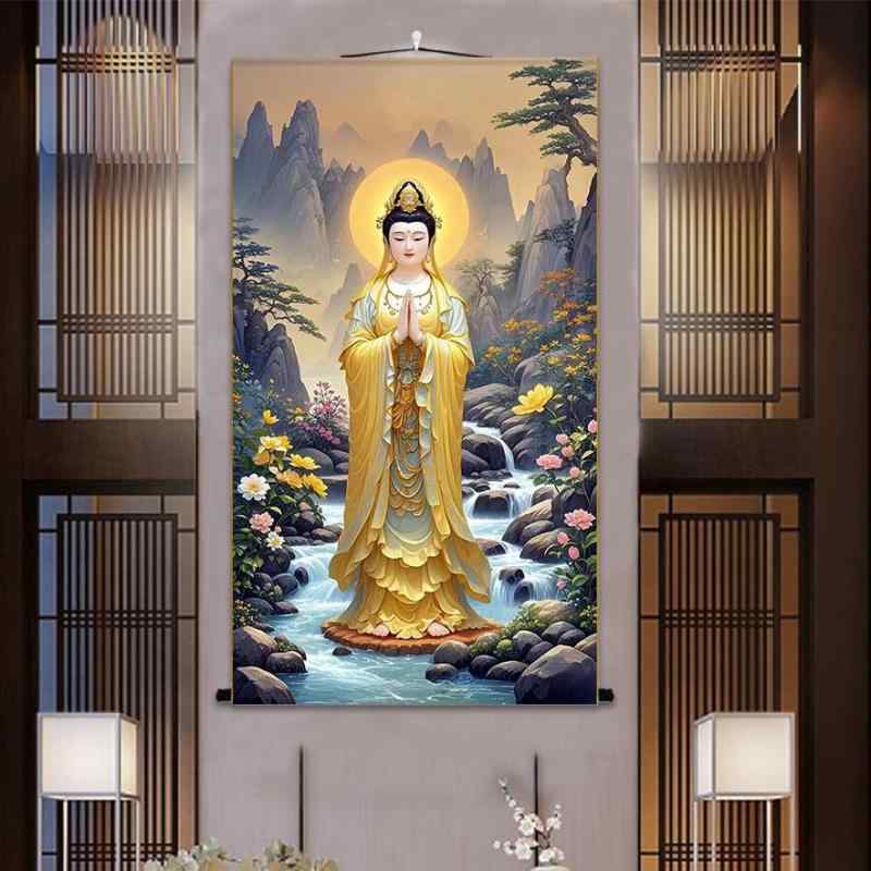 観音菩薩 掛け軸 絵画 レトロ 古風 和風 インテリア 南海 肖像画 巻物 絹 布 仏教 禅 壁画 中国 飾り 参拝 装飾