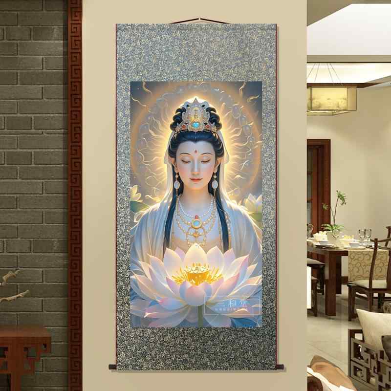 美品 軸 開運 縁起物 学業成就 絵 菩薩 禅 日本 美術 インテリア 楽天市場】観音菩薩 掛け軸 絵画 レトロ 古風 和風 インテリア 蓮華