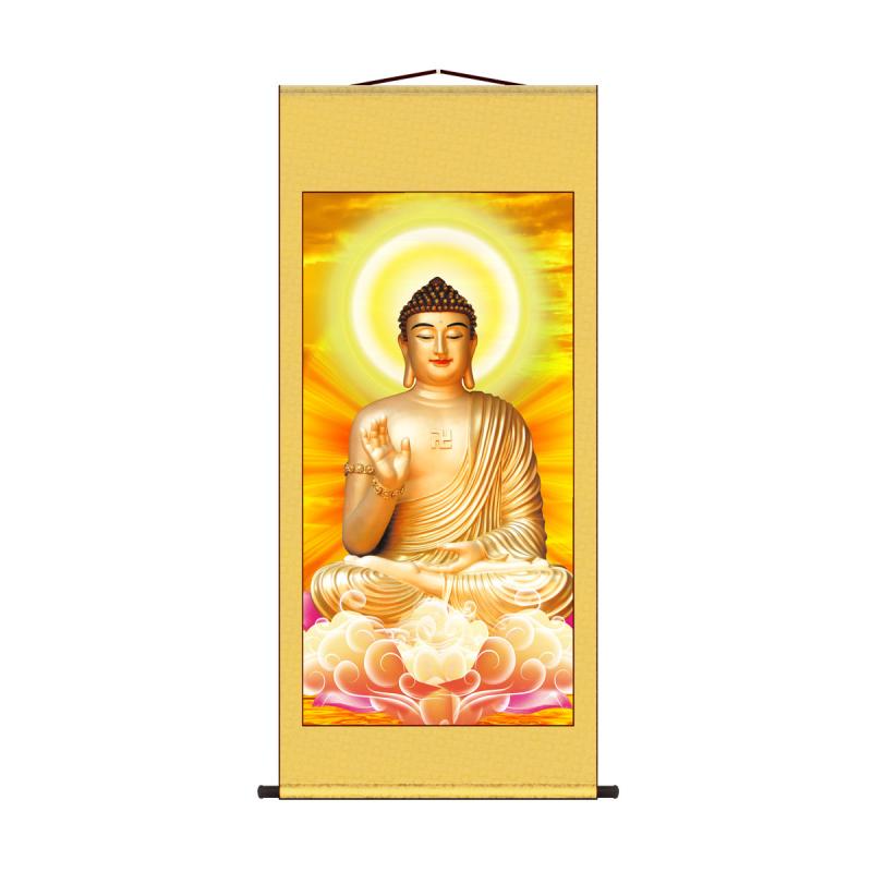 掛け軸 仏教 西方 三聖 南無阿弥陀仏 仏像 装飾画 大仏 ゴールド 金色 輝く 釈迦 聖者 仏 寺院 デジタルアート