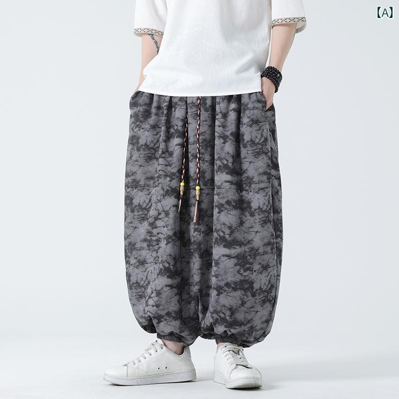 サルエルパンツ ワイドパンツ 大きいサイズ ウエストゴム ジョガーパンツ コーデュロイ 柄入り ポケット 幅広 バルーン 巾着 竹葉 墨絵風 秋 メンズ メタボ 楽 ゆったり