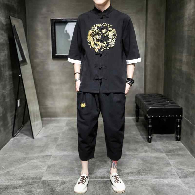 メンズ ファッション セットアップ 夏 チャイナ風 刺繍 半袖 Tシャツ トップス クロップドパンツ スーツ レトロ ボタン 漢服 快適 リラックス クラシック