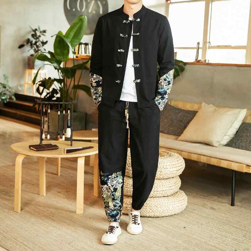 メンズ ファッション セットアップ 秋 チャイナ風 リネン 長袖 スーツ ジャケット アウター パンツ ズボン 漢服 レトロ スタイル 唐装 伝統的 カジュアル スタイリッシュ
