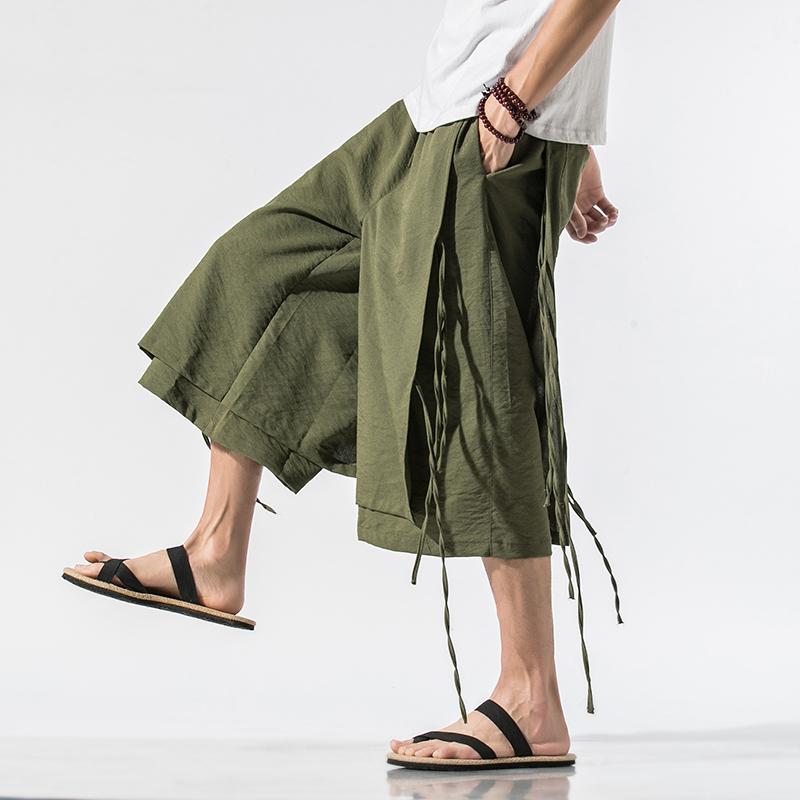 メンズ チャイナ風 七分丈 パンツ フェイクツーピース 綿 麻 クロップド丈 夏服 大きいサイズあり ゆったり ワイド
