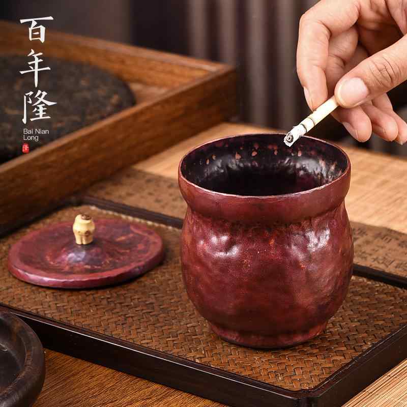 灰皿 喫煙具 チャイナ風 厚手 フタ付き コップ型 深受 装飾 アンティーク インテリア シンプル カジュアル モダン おしゃれ レトロ オフィス ホームデコ