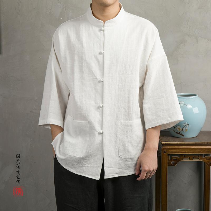 チャイナ風 リネンシャツ メンズ 夏 薄手 ラウンドネック 七分袖 中国 エスニック トップス ゆったり カジュアル 唐装 紳士服 無地 シンプル ポケットデザイン