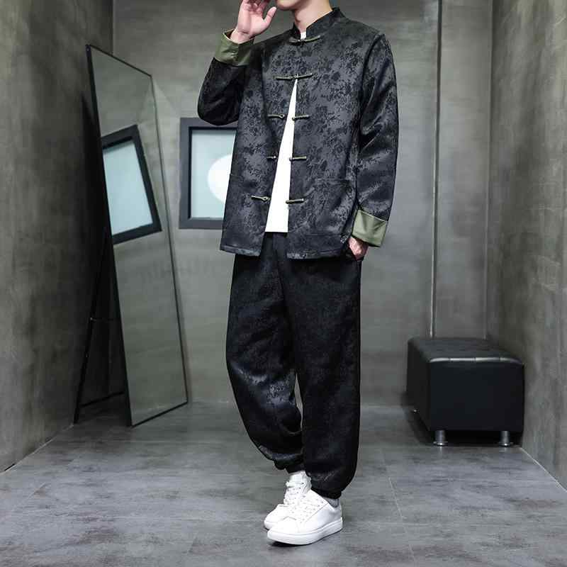 春秋 チャイナ風 シンプル メンズ レトロ ジャカード 漢服 スーツ 中国スタイル おしゃれ 唐装風 スタンドカラー ジャケット 大きめサイズ ツーピース エレガント｜Hanbok Home