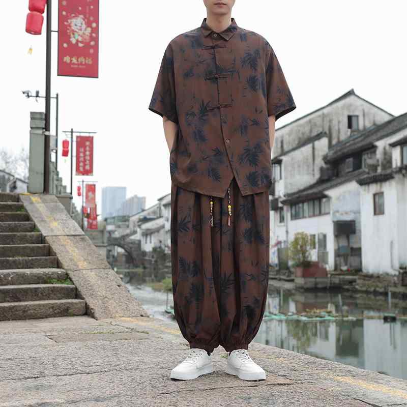 セットアップ 瀬戸もの風 メンズ 表どおり流行り物 今めかしい 夏 冷感 今めかしい 心地よい 刷り上げる 半袖 プルオーバー 赤銅色 ゆったり 唐装 おでかけ リラクシング 成人男性
