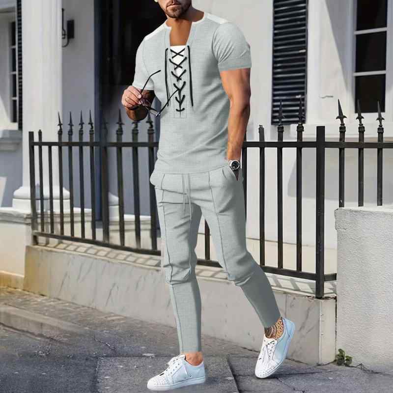 春夏 スタイル メンズ ファッション ワッフル 半袖 シャツ トップス パンツ ボトムス ズボン セットアップ ドローストリング カジュアル スタイリッシュ リラックス アスレジャー