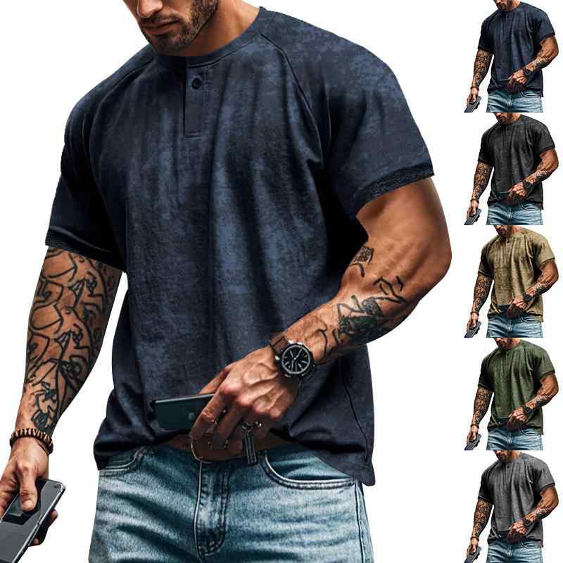 Tシャツ ダメージ加工 ヘンリーカラー 半袖 メンズ スリム ラグラン プルオーバー ハーフスリーブ おしゃれ シンプル クール スタイリッシュ レジャー リゾート 休日 アウトドア スポーツ