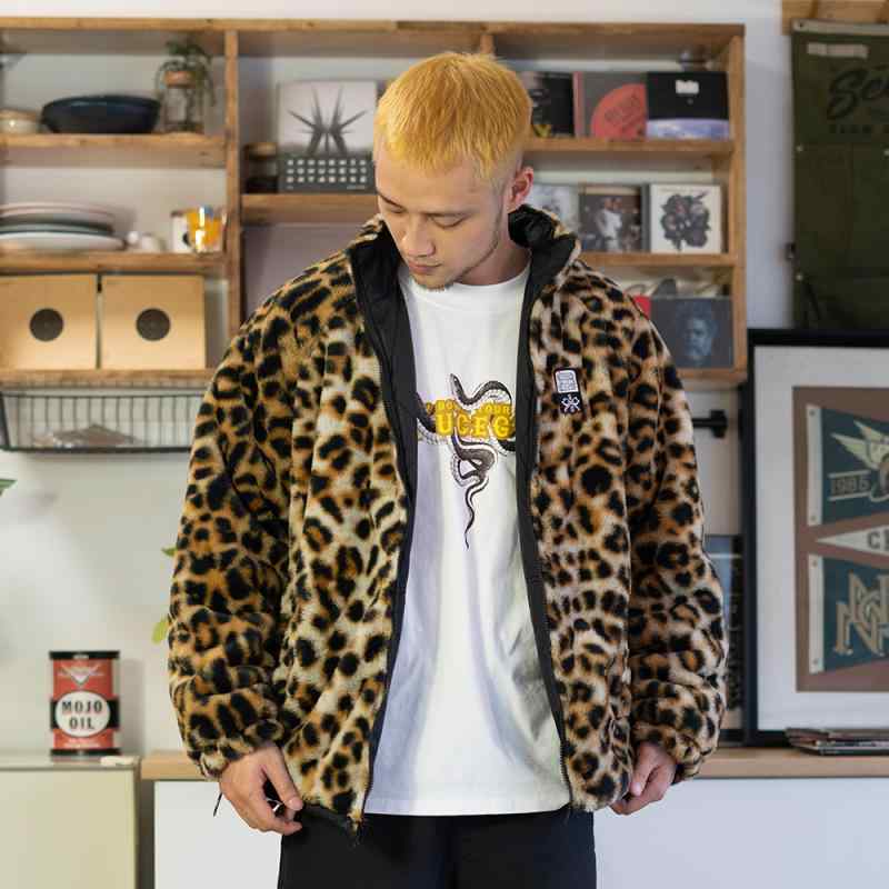メンズ レディース ヒョウ柄 毛の荒物 黒いこと 両面 着こなし 上衣 リヴァーシブル 盛りだくさん 心地よい 気が大きい大きさ ヴィンテージ風 長袖 若押し出し