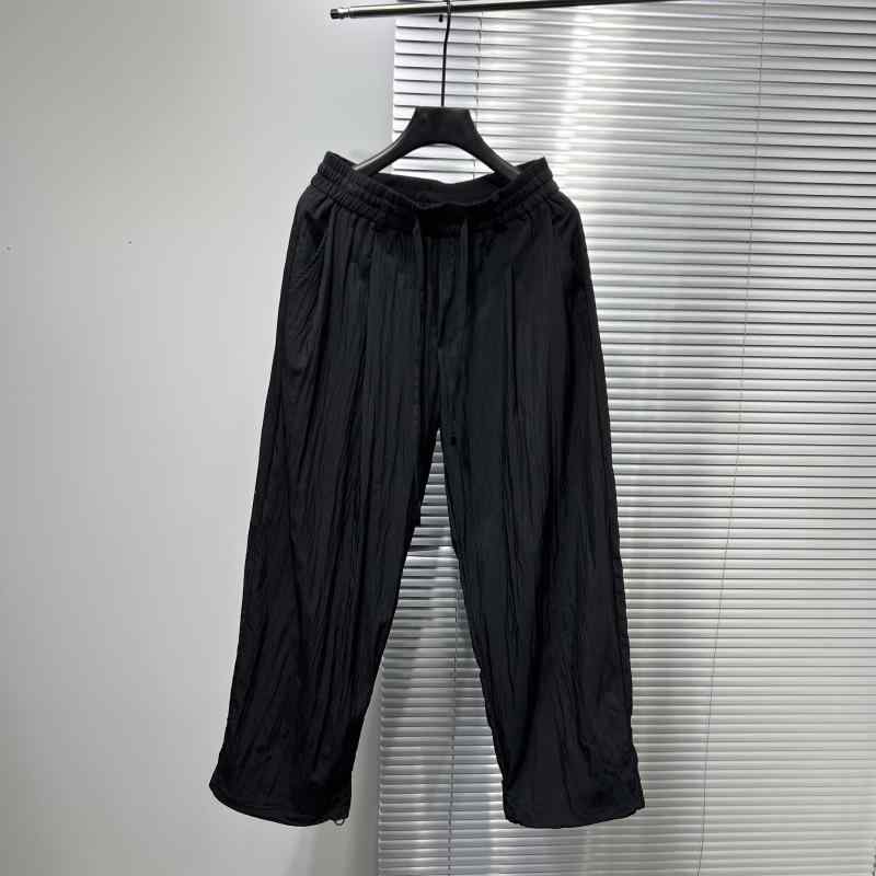 夏 ファッション 薄手 ボトムス 個性的 プリーツ シンプル ゆったり パンツ メンズ ワイド レッグ ズボン カジュアル 伸縮性 無地 ブラック グレー