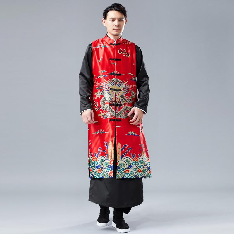ベスト 男性用 メンズ 春 龍柄 長丈馬掛 ジレ チャイナボタン 唐装 中華服 チャイナローブ 民族衣装 カジュアル 普段着 シルクサテン 麻 リネン 黒 赤