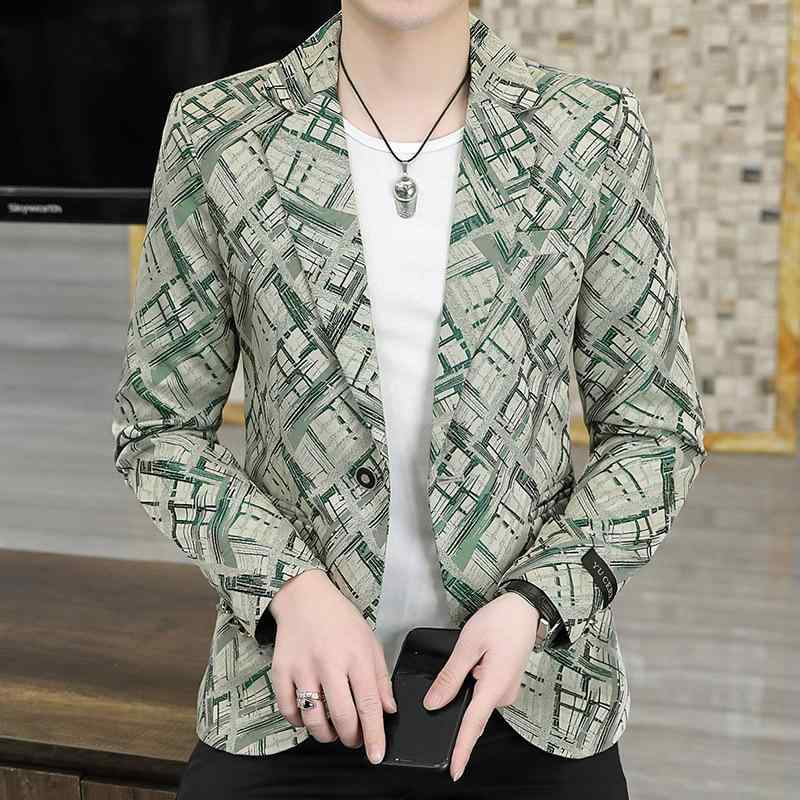 ジャケット メンズ 男性用 春秋 カジュアル スリムフィット 細身 韓国ファッション 韓流 トレンド おしゃれ テーラードジャケット シングルブレスト 1つボタン 長袖 レギュラー丈 プリント柄 シワになりにくい イージーケア ポリエステル アウター