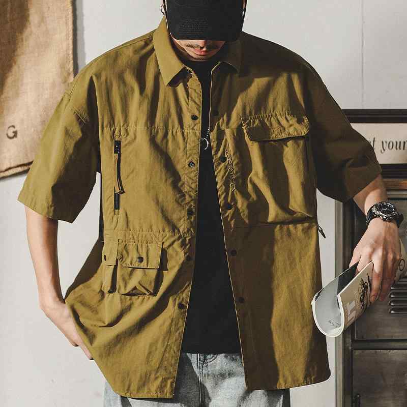 シャツ メンズ 半袖 アメカジ ワーク タクティカル ハンティング オーバーシャツ 夏 ビッグシルエット 薄手 コットン混 スタンドカラー イージーケア 普段使い
