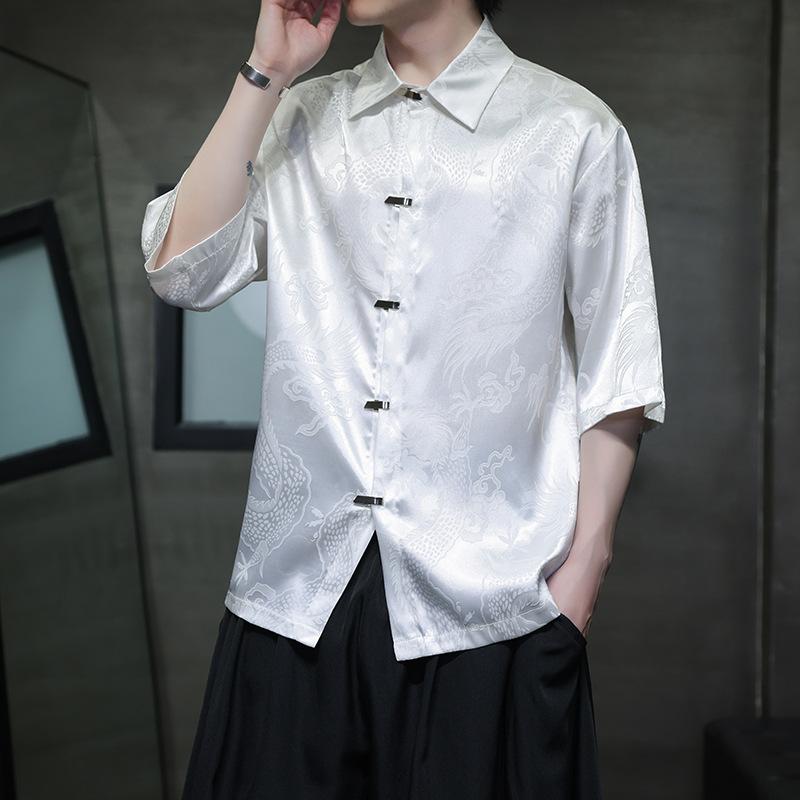 シャツ メンズ 春夏 接触冷感 半袖 高級感 龍柄 ジャカード織り 新中華風 チャイナ風 唐装 漢服 中華服 トップス