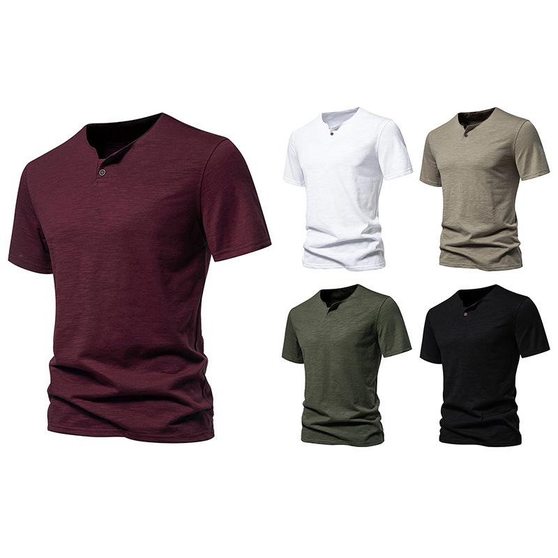 Tシャツ メンズ 男性用 夏 半袖 Vネック ワンボタン ゆったり スラブ調 カジュアル 無地 綿 ポリエステル 通気性 普段使い 多色展開