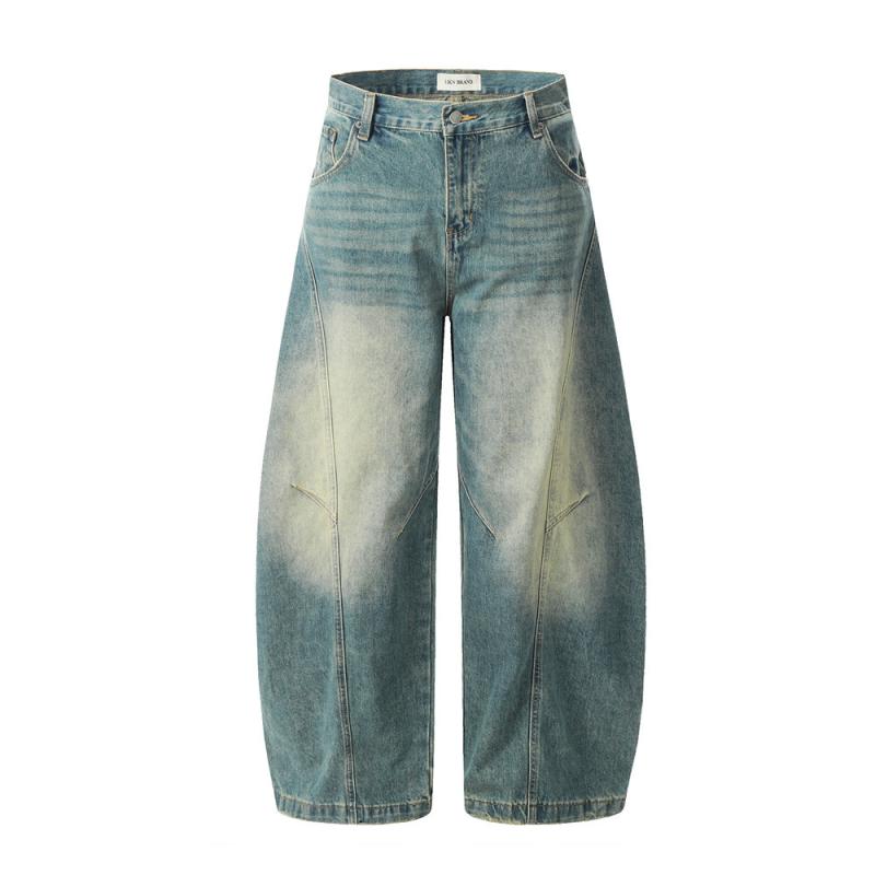 デニムパンツ メンズ 男性用 ウォッシュ加工 ダメージ加工 クラッシュ加工 切り替え カーブパンツ ロング丈 ミドルウエスト ルーズフィット ワイドストレート ワークパンツ パンク デコンストラクト ストリートファッション カジュアル 普段使い ブルー