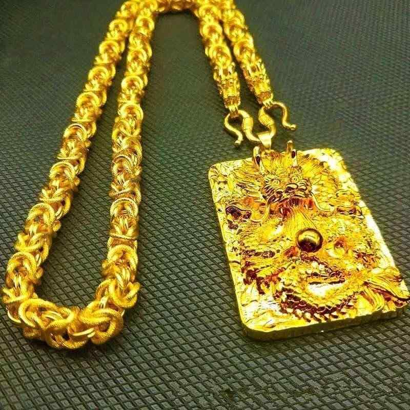 ネックレス メンズ 男性用 砂金 丸玉 ドラゴン 龍 プレート ペンダント 水波チェーン ロング丈 重厚感 存在感 ファッション 変色しにくい