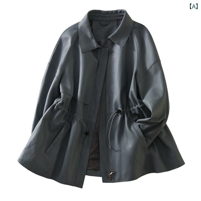 レザージャケット レディース 春秋 ブルー ポロ襟 長袖 オーバーサイズ ゆったり ジップアップ ミドル丈 レトロ アウター フェイクレザー ライトアウター カジュアル｜Hanbok Home