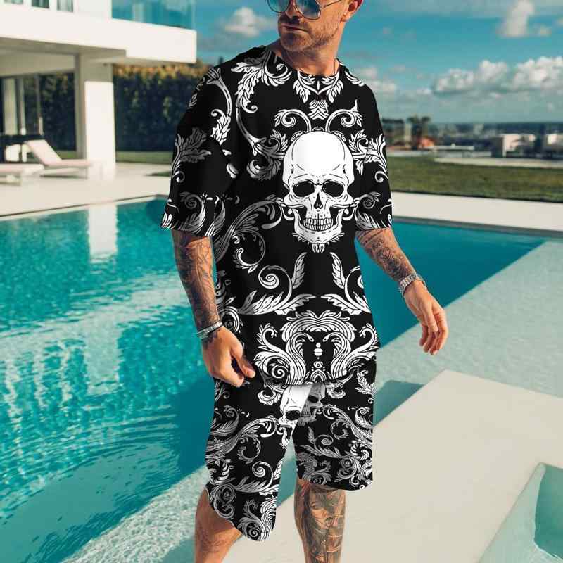 セットアップ メンズ スポーツウェア Tシャツ ショートパンツ 2点セット スカル 3Dプリント 春夏 吸汗速乾 トレーニング カジュアル ポリエステル 上下セット