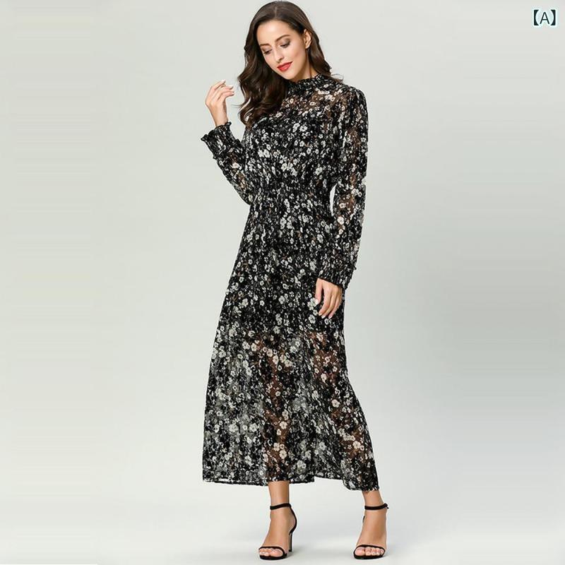 ワンピース レディース 女性用 ムスリムファッション シフォン 再生繊維 ポリエステル ロング丈 Aライン ハイネック 長袖 パフスリーブ ハイウエスト プリント柄 切り替え きれいめ 通勤 シティ リラックス カジュアル 普段使い