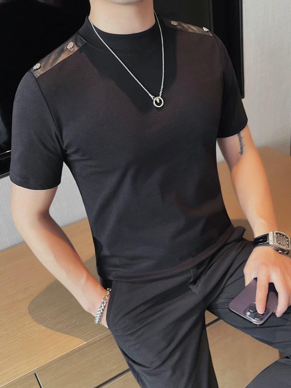 Tシャツ メンズ 男性用 トップス クルーネック 半袖 スリムフィット カットソー 肩 レザーパッチ スタッズ 切り替え 個性的 ワイルド クール コットン カジュアル ストリート 夏 黒 ブラック 白 ホワイト 4,664円