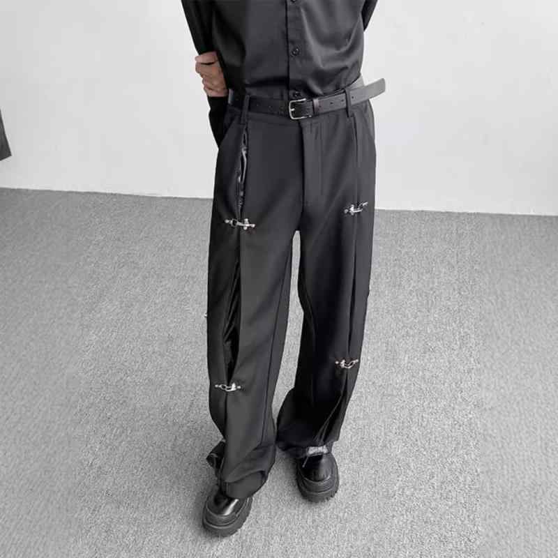 パンツ メンズ 秋冬 個性的 メタルバックル デザイン デコンストラクテッド 韓国風 PU切り替え 高級感 ワイドレッグ ロング丈 ストレート カジュアル 男性用 ポリエステル スラックス