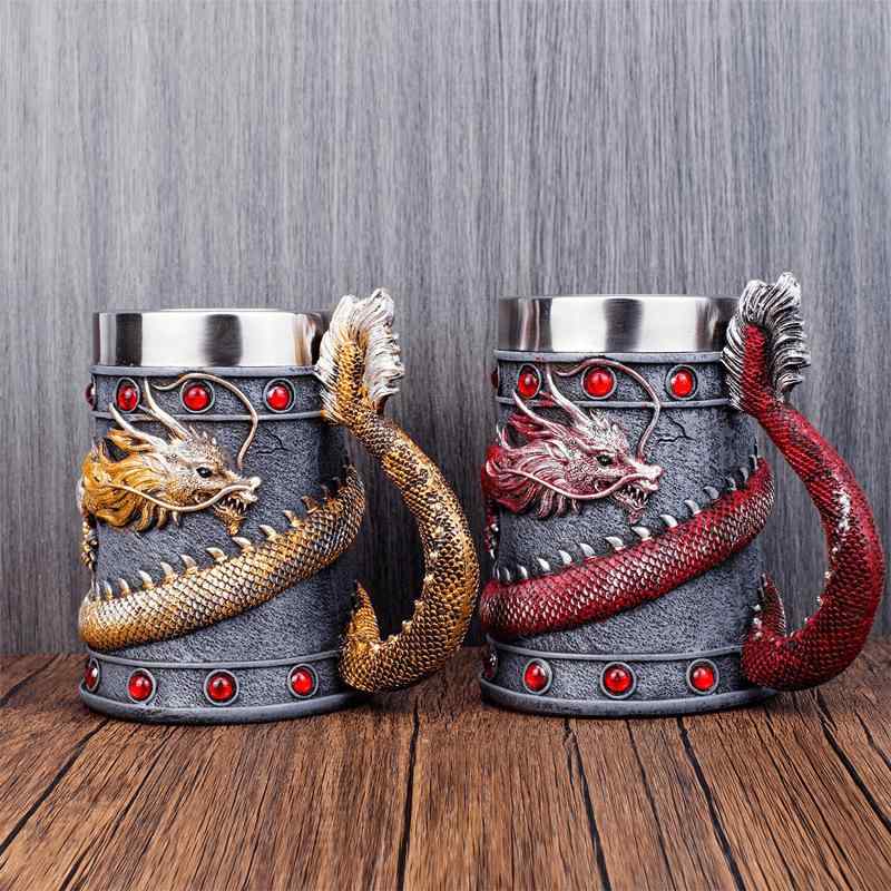 マグカップ 中国龍 東洋神龍 モチーフ ユニーク デザイン コーヒーカップ ビアジョッキ 大容量 ステンレス 600ml 中国風 赤 金
