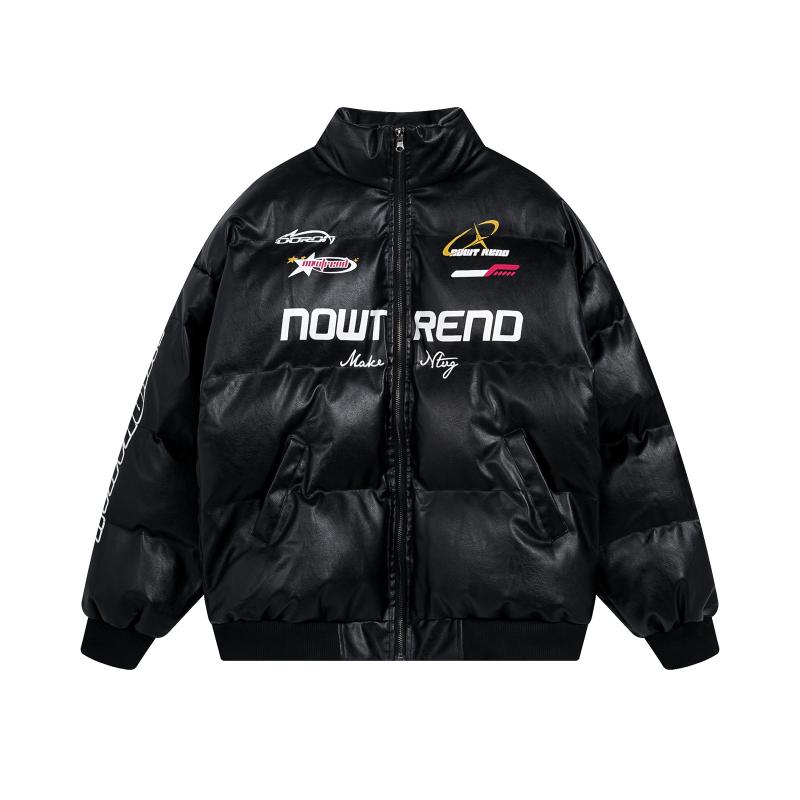 中綿ジャケット メンズ レーサー バイク ライダース PUレザー ポリエステル ゆったり ミドル丈 スタンドカラー ロゴ 厚手 高級感 ストリート ブラック ホワイト 秋冬