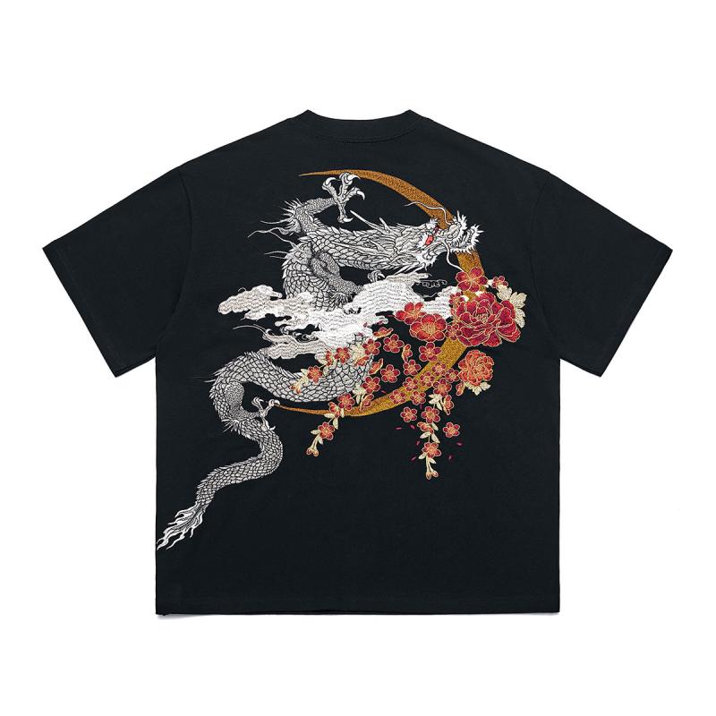 Tシャツ メンズ 中国風 龍柄 豪華刺・墸 半袖 ドロップショルダー ルーズフィット コットン 綿素材 通気性 普段使い トレンド カジュアル ストリートファッション 厚手生地 ゆったりシルエット 黒
