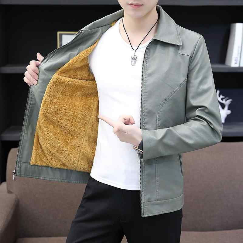 レザージャケット メンズ 男性用 秋冬 韓国風 おしゃれ カジュアル スリム 個性的 裏起毛 厚手 防寒 PUレザー ジップアップ フードなし ブラック グリーン