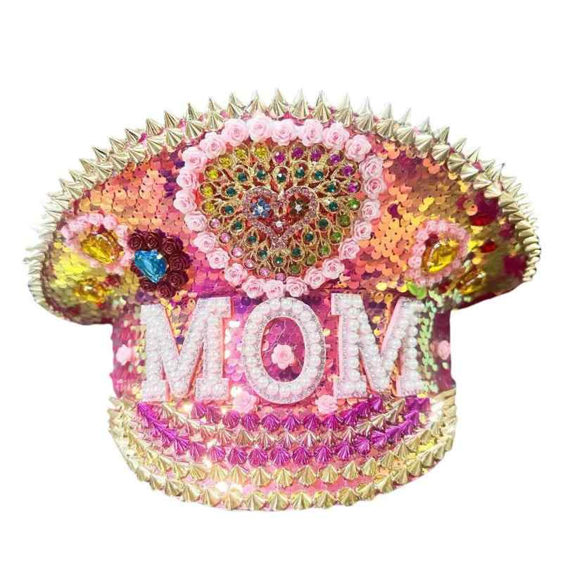 帽子 男女兼用 マリンキャップ ピンク スパンコール MOM ラインストーン 平天 平つば ポリエステル 大人用 海外ファッション 華やか ストリート カジュアル おしゃれ つば広