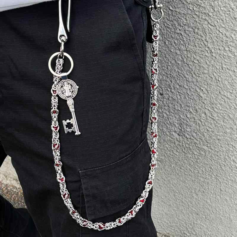 ウォレットチェーン ユニセックス 男女兼用 レッド 龍骨ビーズ メタル ロック ヴィンテージ 個性的 ストリート パンツ キーホルダー アクセサリー 腰飾り