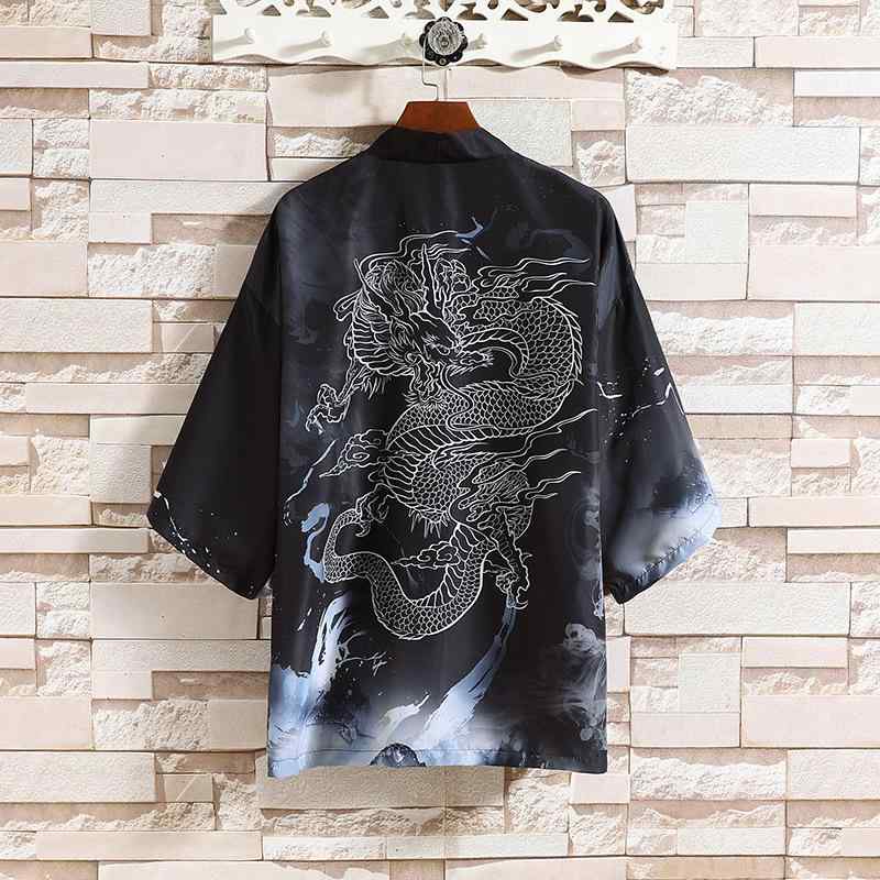 羽織り メンズ 夏 チャイナ風 漢服風 薄手 軽量 鶴 白龍 プリント柄 カーディガン ガウン 開襟シャツ ライトアウター カジュアル 普段使い 化繊 アセテート混紡