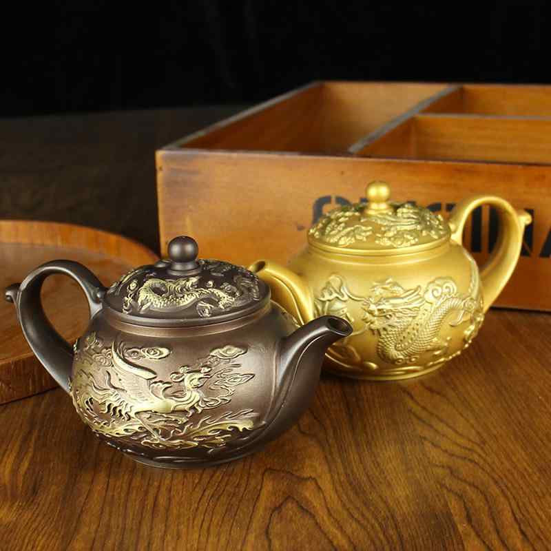 茶器セット 真鍮製 龍鳳模様 サンドゴールド コーヒー色 純銅仕上げ 急須 湯呑み ティーポット ティーカップ オフィス 自宅用 置物 金属工芸品 高級感 豪華 装飾