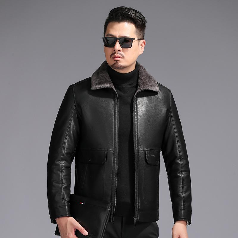 レザージャケット メンズ 中年男性用 襟付き 羊革 本革 ムートン 裏ボア ジップアップ レギュラーフィット ビジネス カジュアル 革ジャン 秋冬 防寒 ブラウン ブラック 10,292円