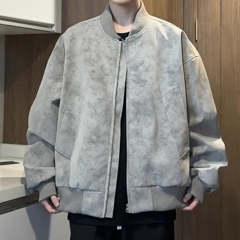 レザージャケット メンズ 男性用 タイダイ染め ルーズフィット スタンドカラー ジップアップ リブ袖 アウター 韓国風 アメカジ レトロ ヴィンテージ風 春夏 普段使い グレー ブラック