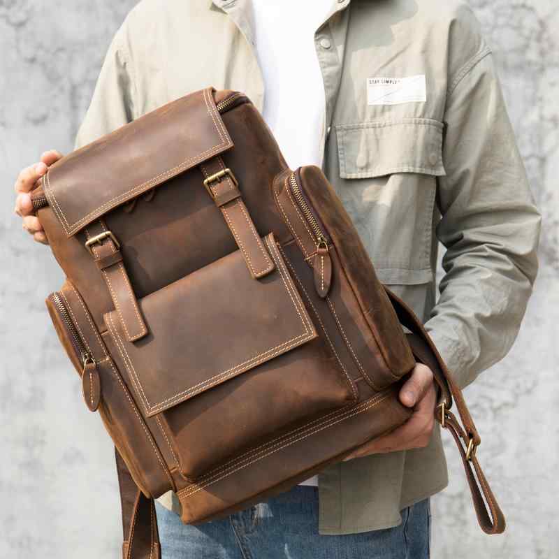 背嚢 メンズ 成人男性用 本革 牛皮 クレイジーホースレザー うしろ側容器に並べる ヴィンテージ レトロ 欧米表現スタイル 旅する 旅行 アウトドア 通い 通学 心地好い 15inマイコン納める 雨合羽 耐摩耗性 厄介なもの助け出す 軽さ うす暗い赤銅色