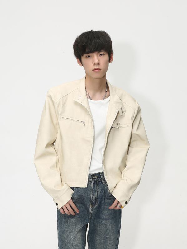 ジャケット メンズ 男性用 秋冬 韓国風 レトロ ショート丈 ライダース フェイクレザー 合皮 PUレザー アウター スリムフィット 細身 ノーカラー ジップアップ 日常使い 普段着 トレンド|Hanbok Home
