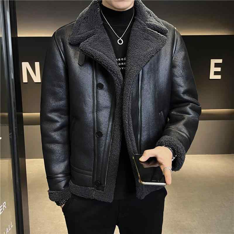 ライダースジャケット メンズ 男性用 PUレザー ムートン風 裏ボア 厚手 ショート丈 ビッグサイズ 冬 防寒 ジップアップ アイロン不要 ブラック キャメルカラー カジュアルアウター|Hanbok Home