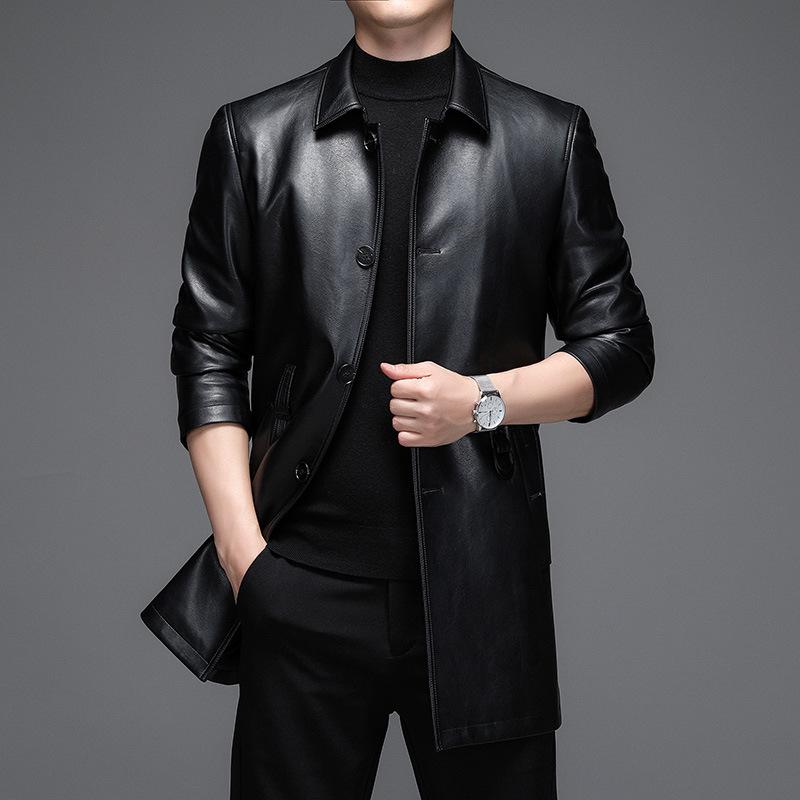 レザーコート メンズ 男性用 中年向け 本革 羊革 シープスキン 高級感 ロング丈 テーラードカラー シングルボタン 春秋 ビジネス カジュアル フォーマル シワになりにくい ブラック 無地 裏地ポリエステル