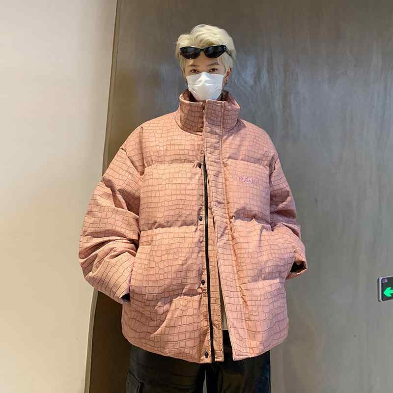 ダウンジャケット メンズ 男性用 立ち襟 厚手 PUレザー 合成皮革 白鴨ダウン 防寒 保温 大きいサイズ ビッグシルエット レトロ加工 ヴィンテージ風 刺繍ロゴ カジュアル ピンク 冬アウター